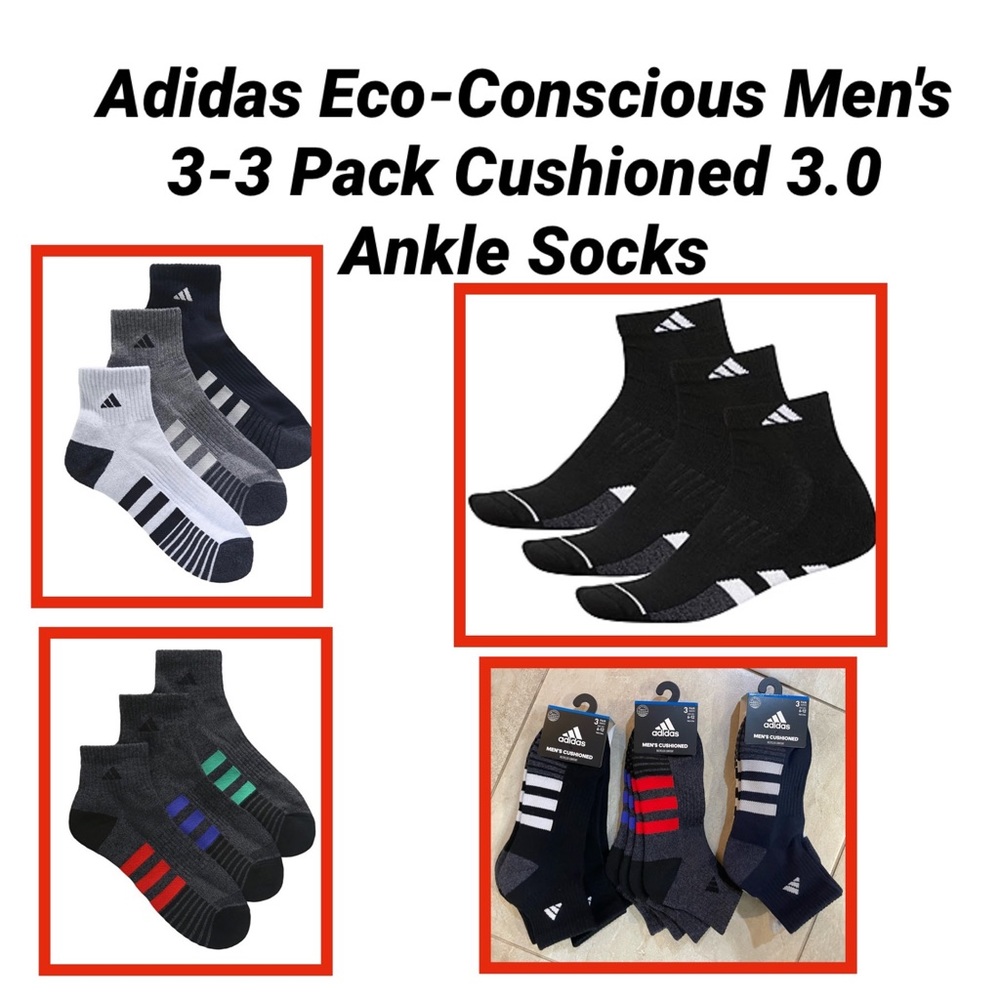 Adidas Eco-Conscious Men's 3-3 Pack Cushioned 3.0 Ankle Socks